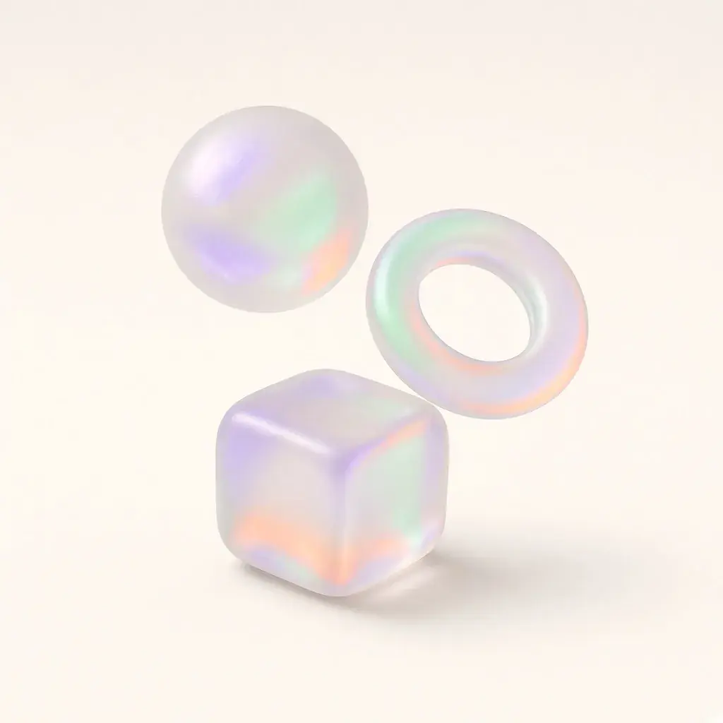 Three frosted glass shapes, a sphere, a ring and a cube, glowing with violet, mint and peach light