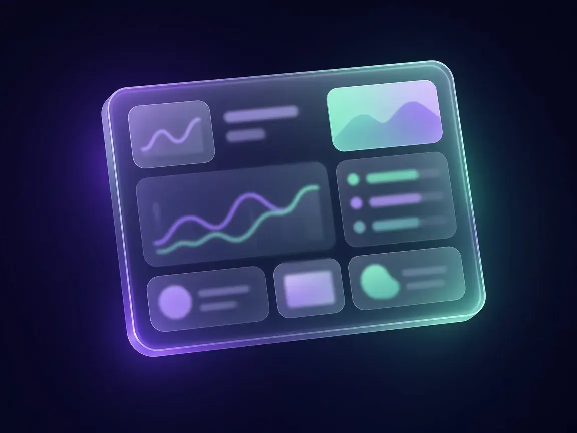 Fieldnote's dashboard: a floating glass panel with soft violet and mint charts