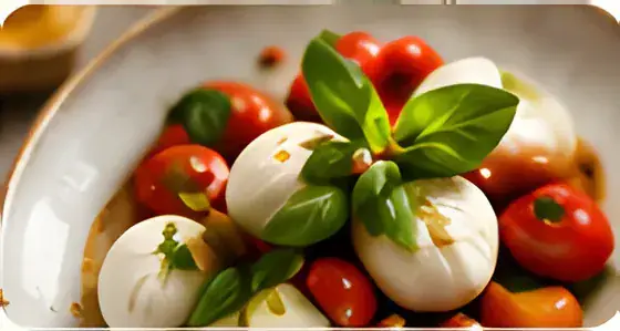 Burrata with roasted cherry tomatoes and basil leaves