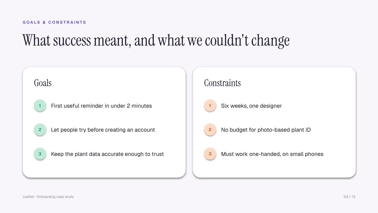 Slide 4: Goals and constraints, three each