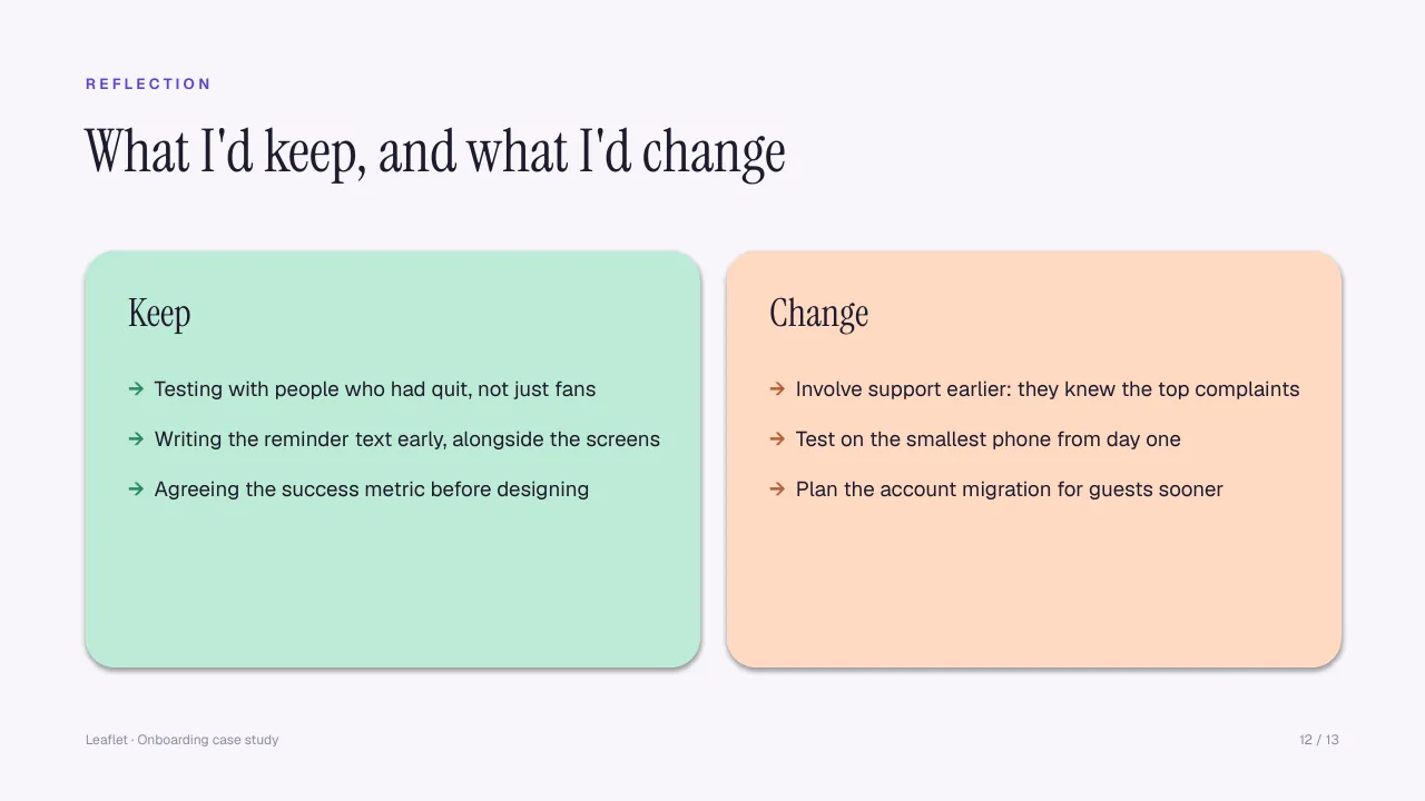 Slide 12: Reflection: honest lessons and next steps