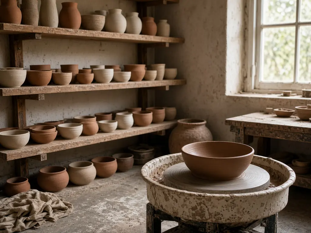 A small pottery studio with a wheel, shelves of drying pots and warm window light
