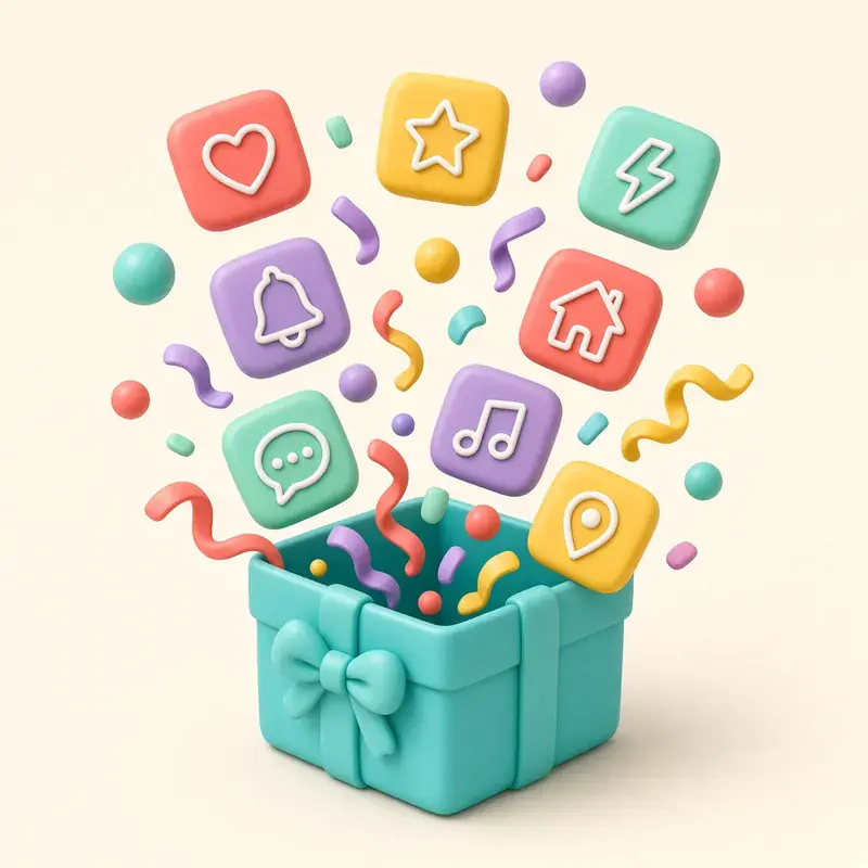 Playful 3D icon tiles bursting out of a turquoise gift box with confetti
