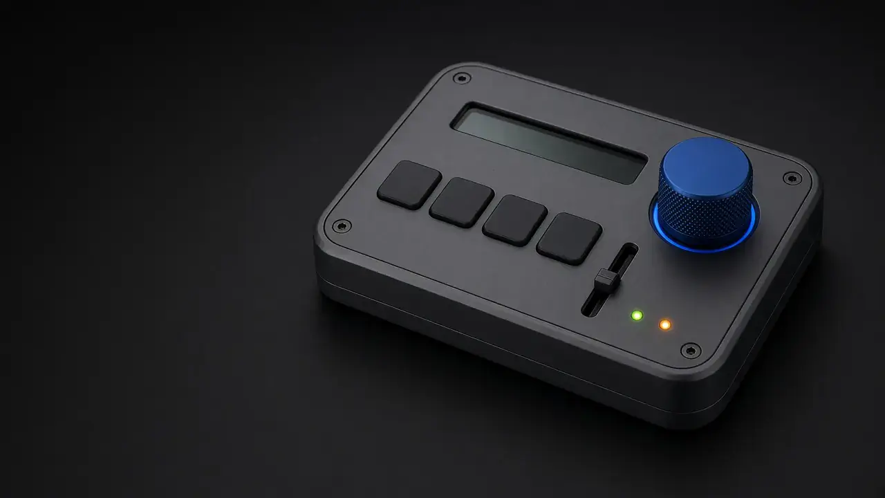 A graphite control surface with glowing indicator lights