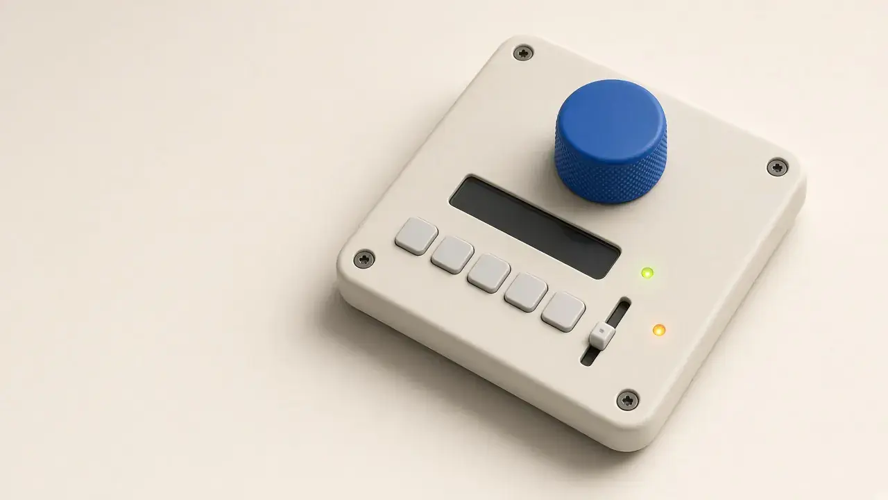 A bone-coloured control surface with knobs, keys and a small green display