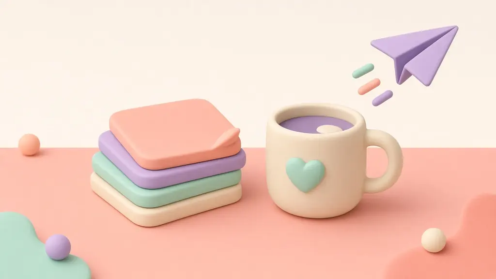 Sticky notes, a mug and a paper plane on a pastel desk
