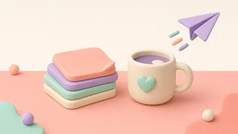 Sticky notes, a mug and a paper plane on a pastel desk
