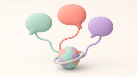 Speech bubbles floating around a small planet