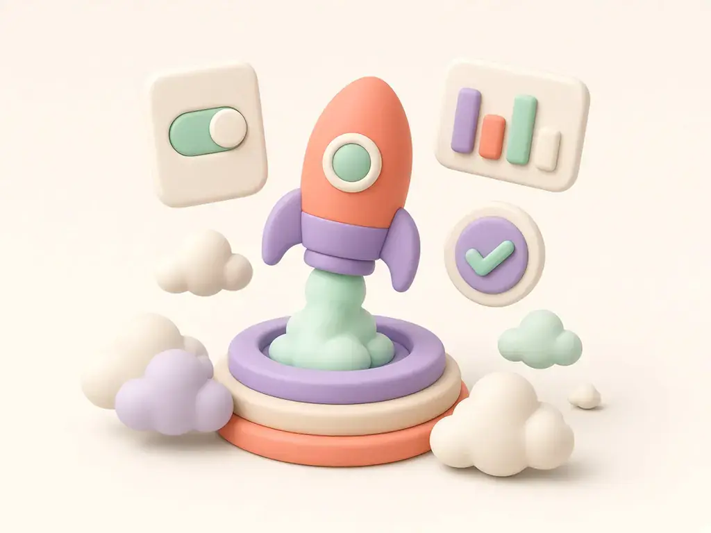 Illustration of a small rocket on a launch pad surrounded by floating app cards