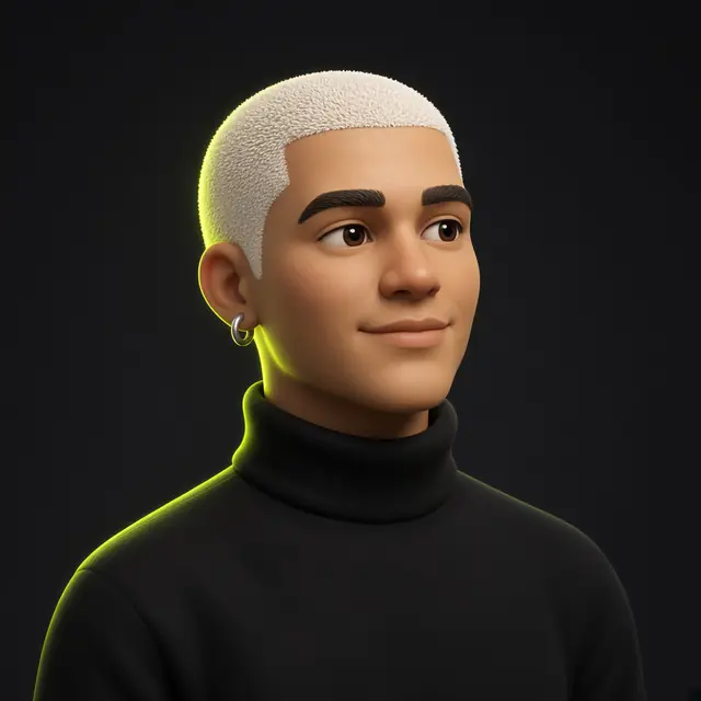 Illustrated 3D portrait of Theo, a designer with bleached hair and a black turtleneck