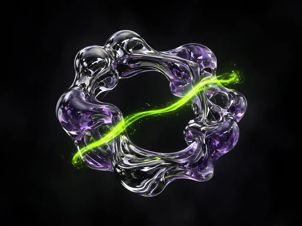 A glossy chrome and lilac 3D sculpture with a lime light trail