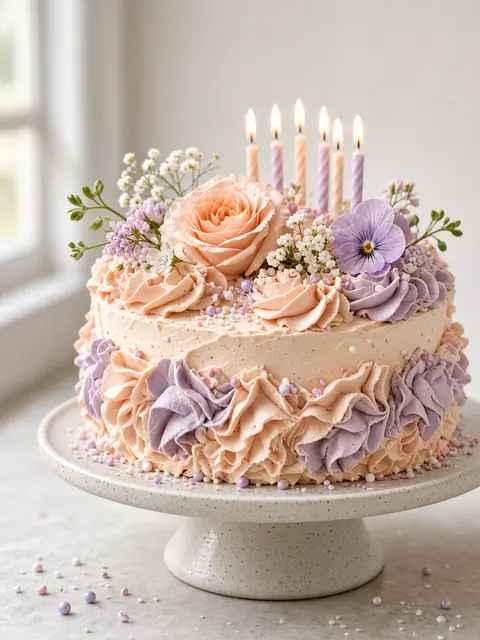A tall cake decorated with pastel flowers and lit candles