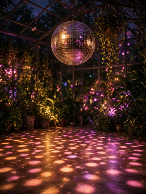 A disco ball scattering light inside a glasshouse at night