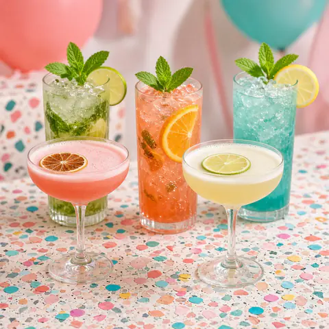 Colourful cocktails with mint and citrus on a confetti table