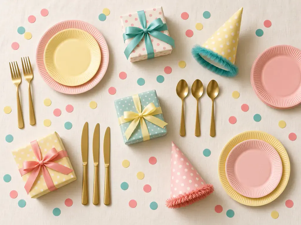 Pastel party plates, gold cutlery, wrapped gifts and party hats on a pink table