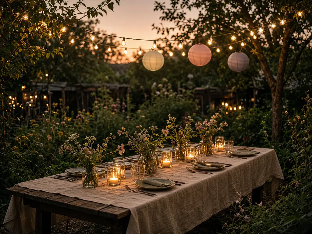 A long wooden table set for dinner in a garden under string lights at dusk
