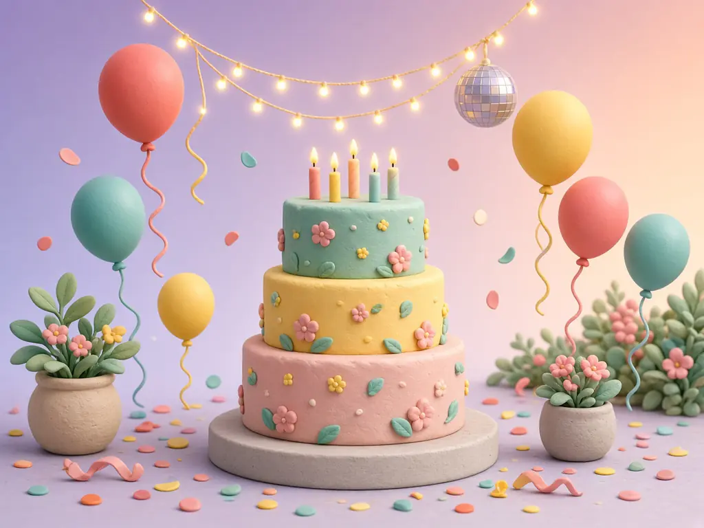A pastel layered birthday cake surrounded by balloons and string lights