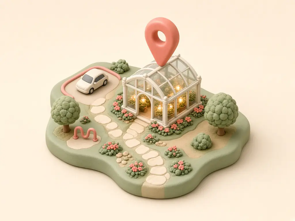 Illustrated map of a small glasshouse in a garden with a location pin