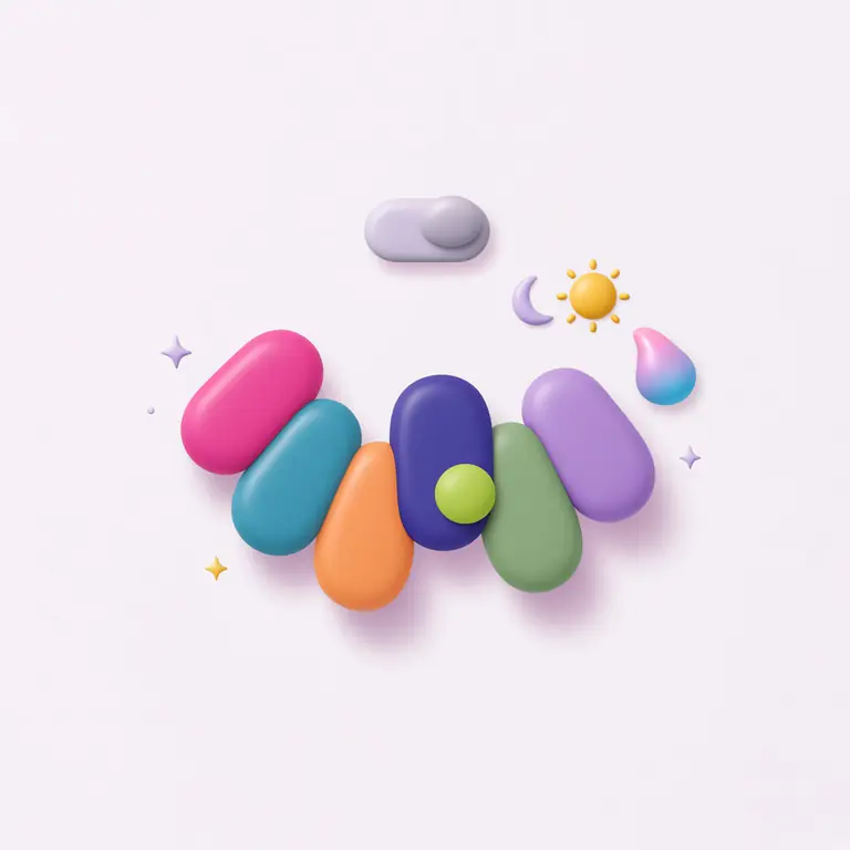 Clay-style color pebbles arranged in an arc next to a light and dark mode toggle