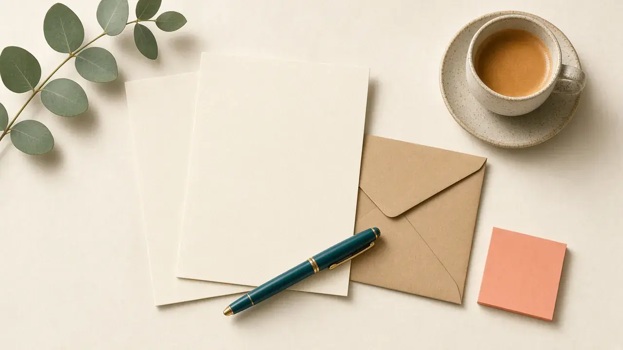 Blank letter paper, a kraft envelope and a fountain pen next to a cup of coffee
