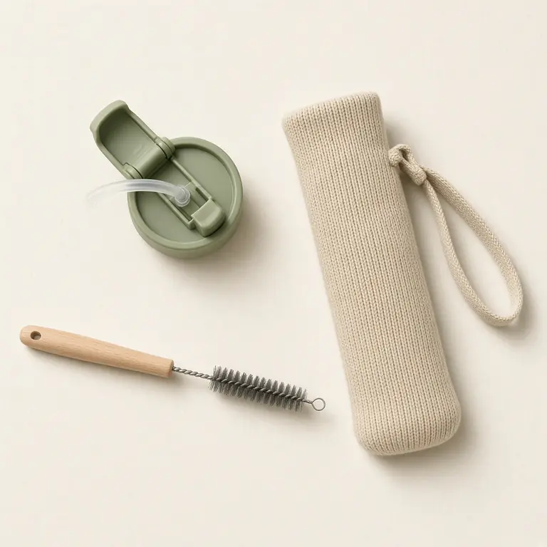 Spare chug cap, cleaning brush and a cotton sleeve