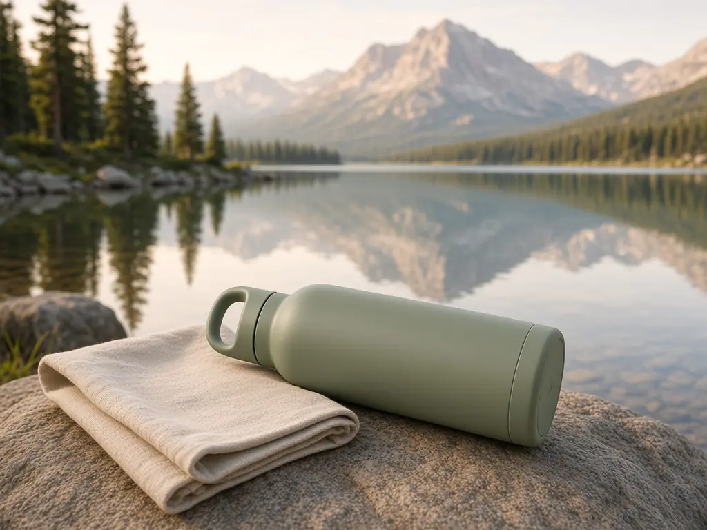 The bottle on a rock by a mountain lake with a folded towel