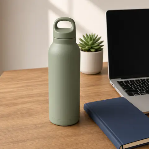 Bottle on a desk next to a laptop and a plant
