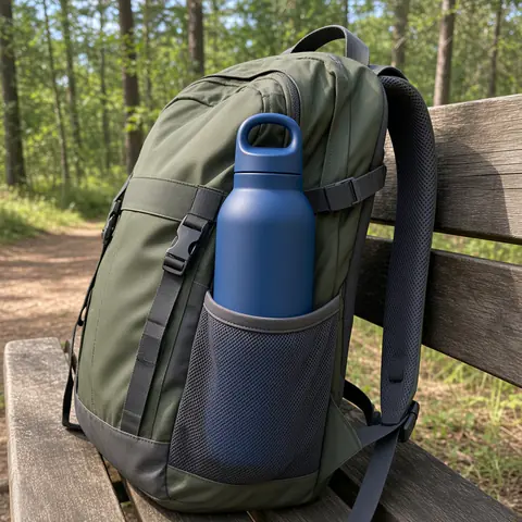 Bottle in the side pocket of a green backpack