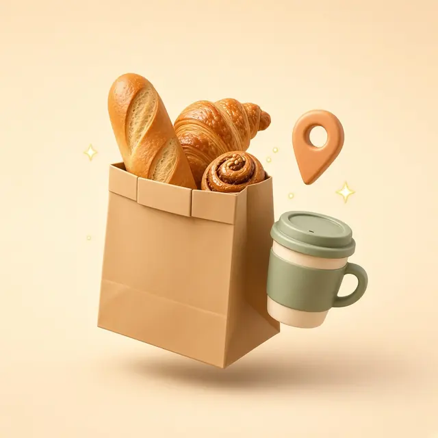 Paper bag filled with a baguette, a croissant and a cinnamon bun next to a takeaway coffee