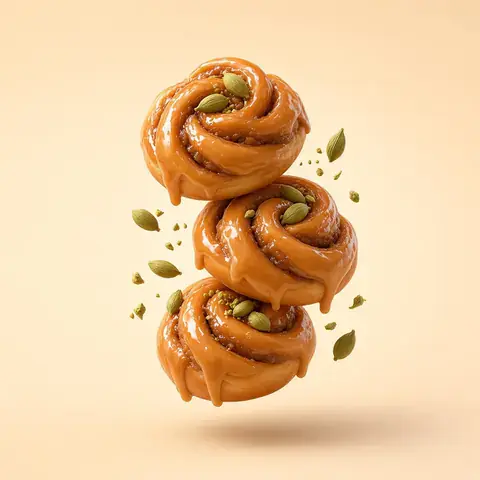Three glazed cardamom knots stacked with cardamom pods