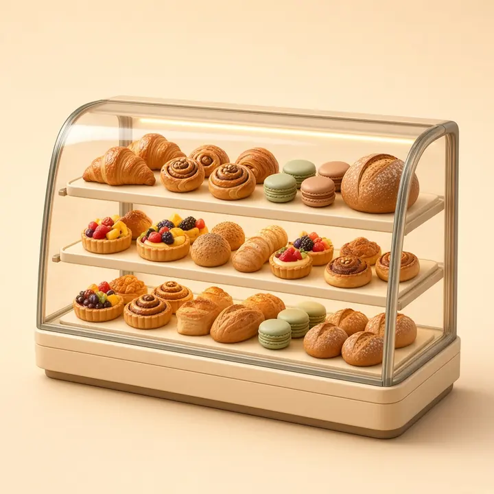 Glass display case full of croissants, tarts, buns and macarons