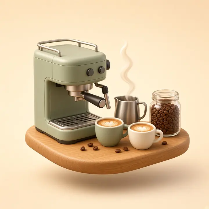 Sage green espresso machine with two cups of coffee and a jar of beans