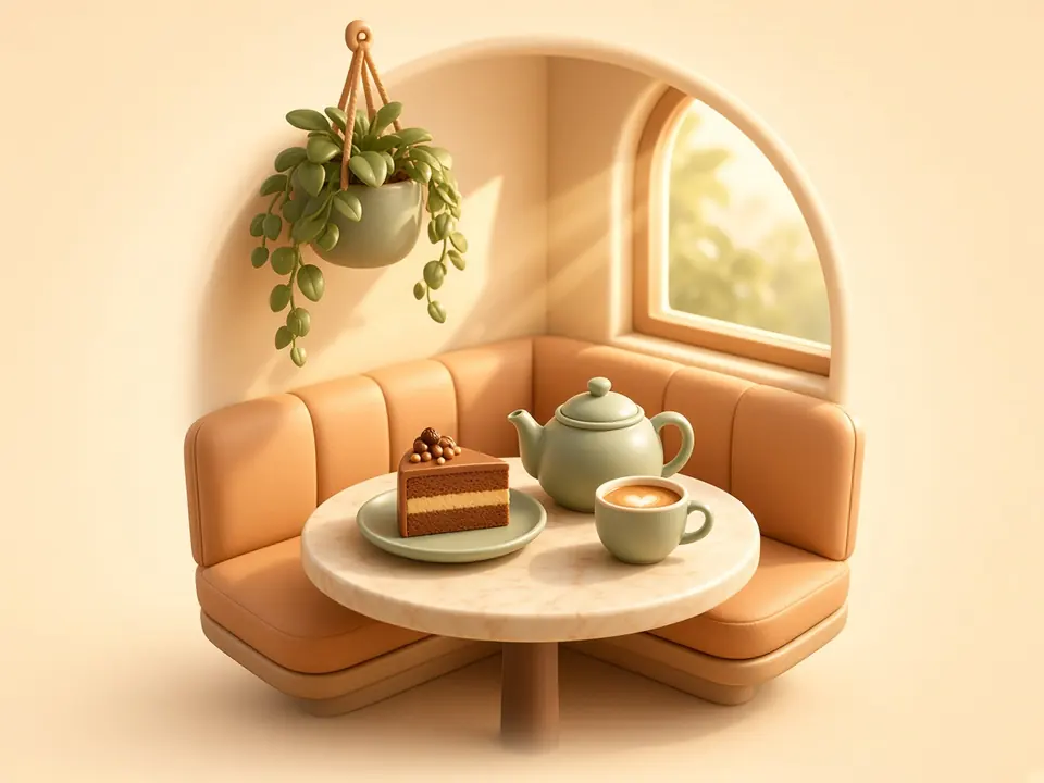 Cozy window seat with a slice of cake, a teapot and a hanging plant