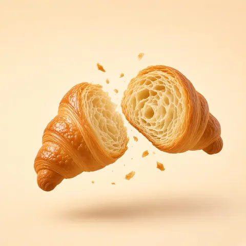 Croissant torn in half showing its honeycomb layers