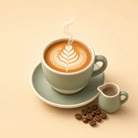 Flat white in a sage cup with a milk jug and coffee beans