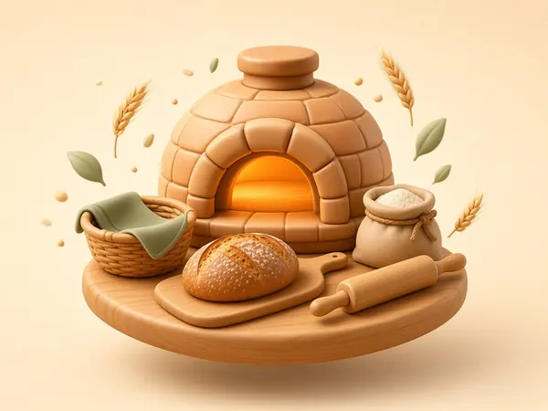 Brick bread oven glowing warm with a loaf on a peel