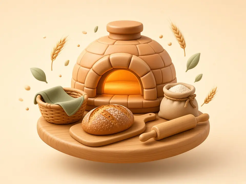 Brick bread oven glowing warm, with a loaf on a peel, a proofing basket and a sack of flour