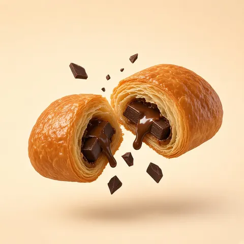 Pain au chocolat broken in half with melting chocolate