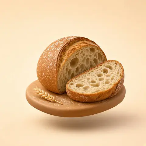 Sourdough loaf cut open with a slice showing the open crumb