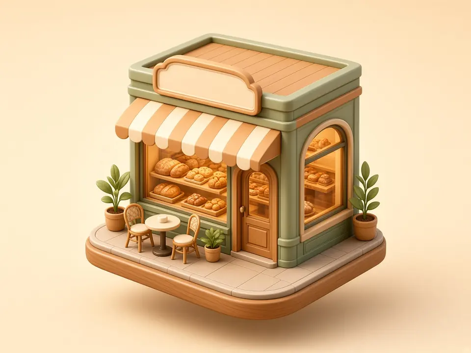The bakery storefront with a striped awning, bistro table and potted plants