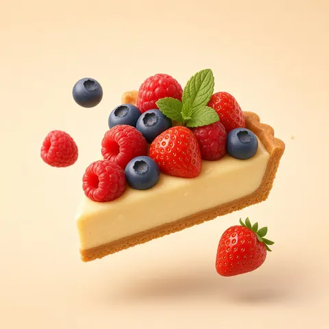 Slice of berry tart with custard, raspberries and blueberries