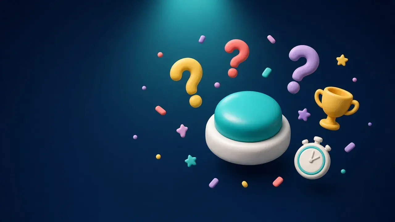 A teal clay quiz buzzer surrounded by floating question marks, a trophy and a stopwatch