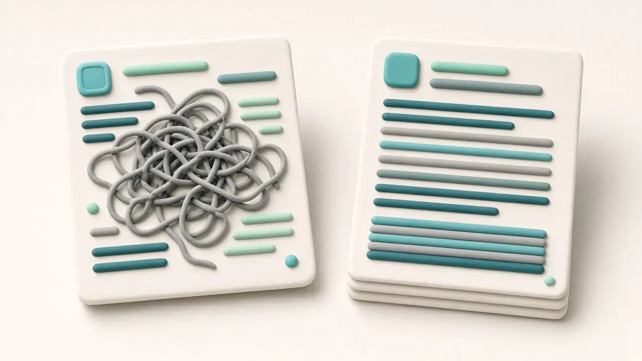 Illustration: a two-column page with tangled lines next to a one-column page with neat, straight lines