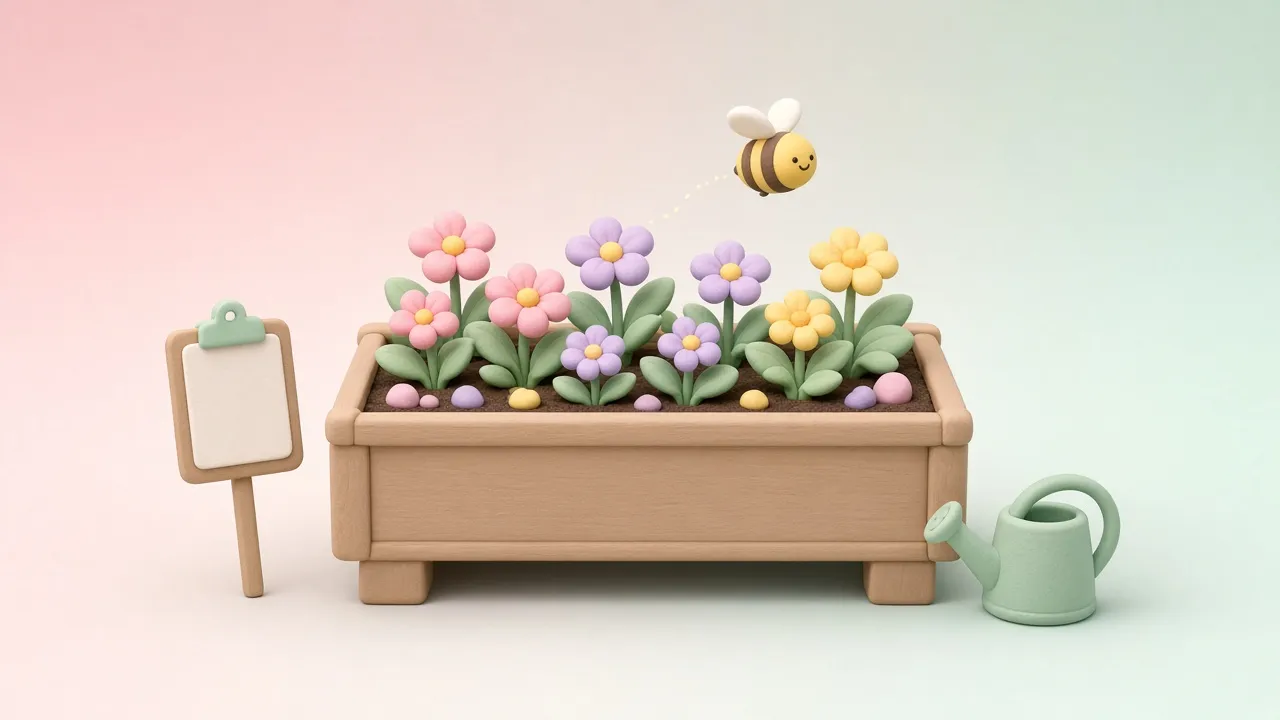 Illustration of a wooden garden planter full of flowers with a small bee and a watering can