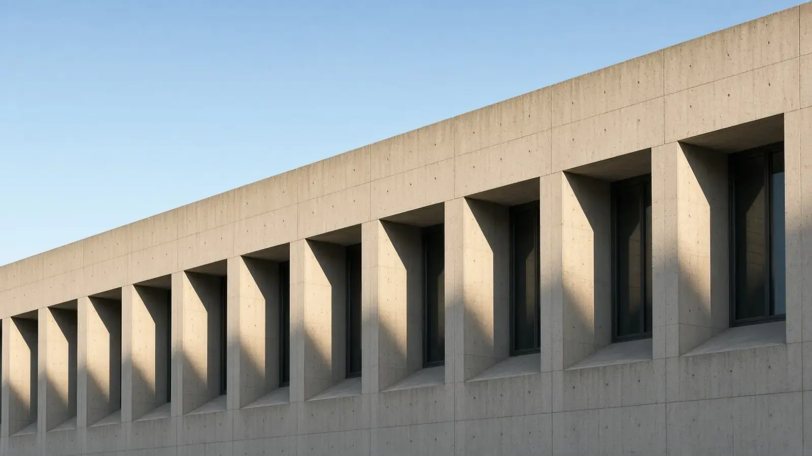 Concrete facade with deep window recesses casting long afternoon shadows