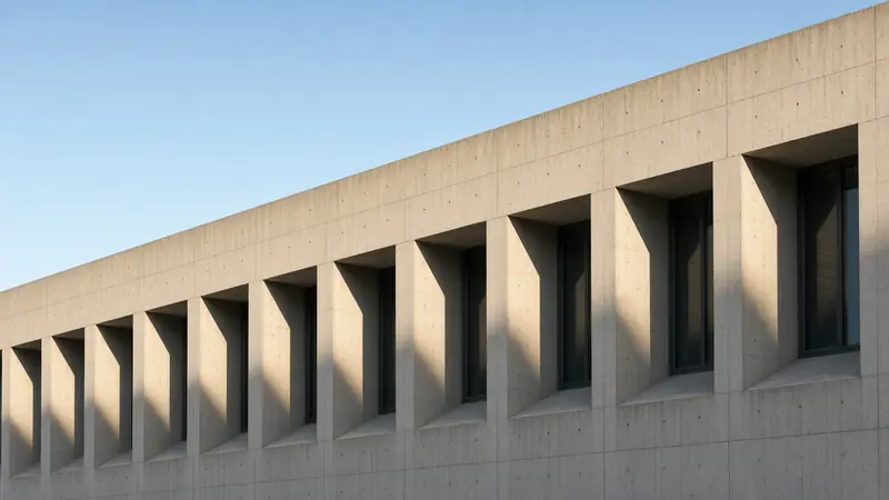 Concrete facade with deep window recesses casting long afternoon shadows