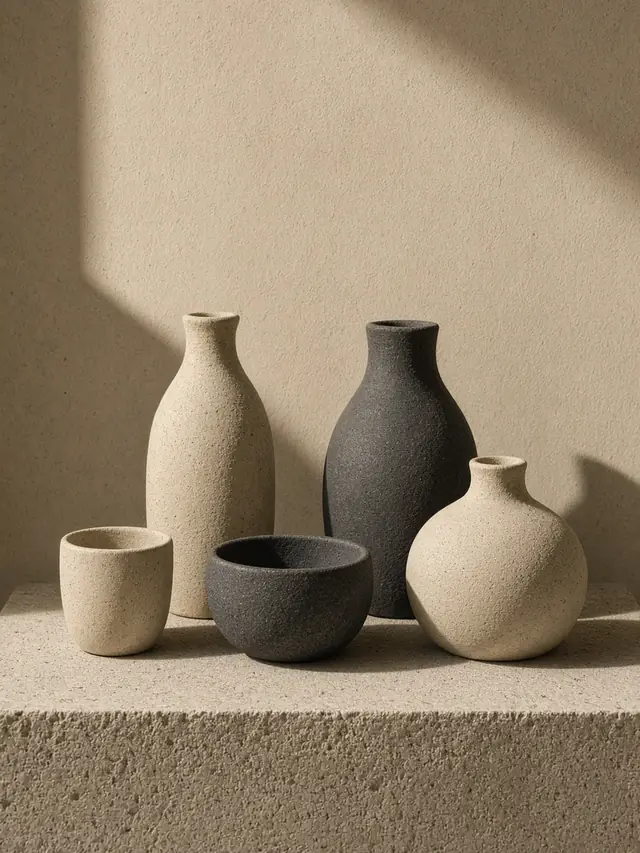Matte ceramic vessels in cream and charcoal on a stone plinth in hard sun