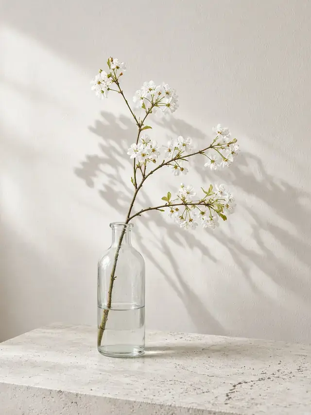 A branch of white blossom in a glass bottle casting soft shadows on a pale wall