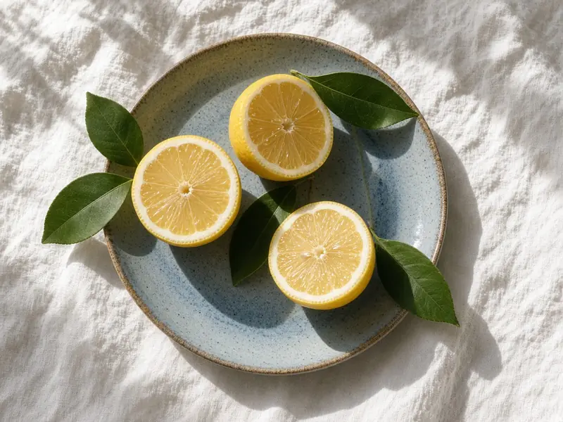 Halved lemons and leaves on a pale blue plate seen from above in bright sun