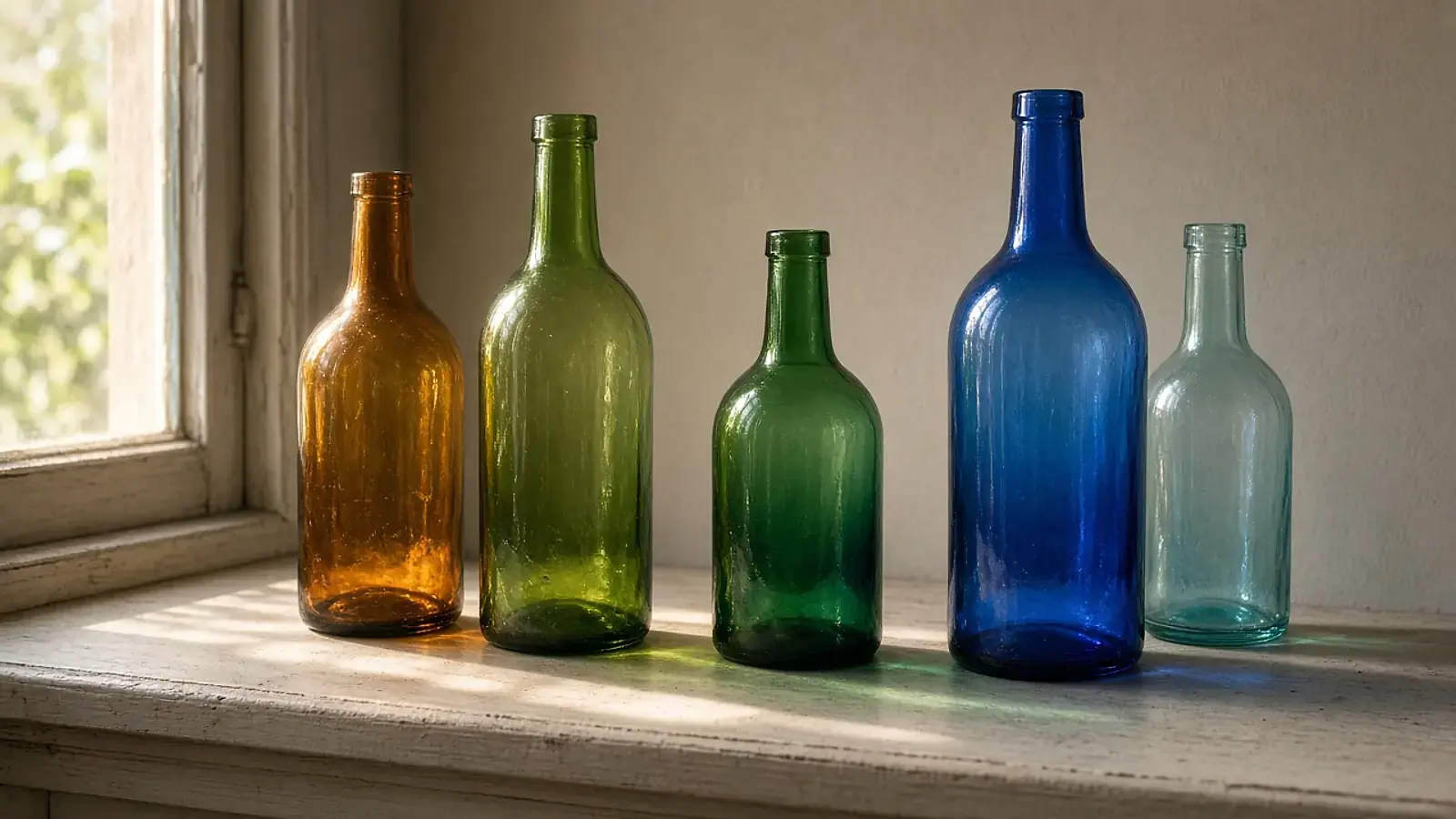 Colored glass bottles on a windowsill with sunlight passing through them